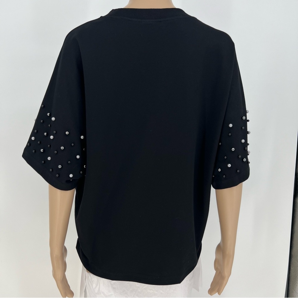 Vocal Top Womens Black Casual Elegance Pearled Short Sleeve Oversized Fit NWOT - Picture 2 of 9